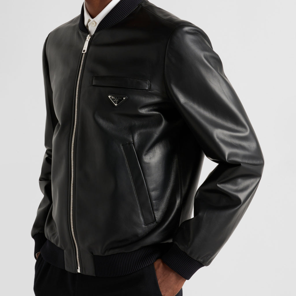 Prada Men's Fall/Winter Fashion Classic Solid Color Leather Crew Neck Zip Up Reversible Leather Plain Weave Jacket #79345
