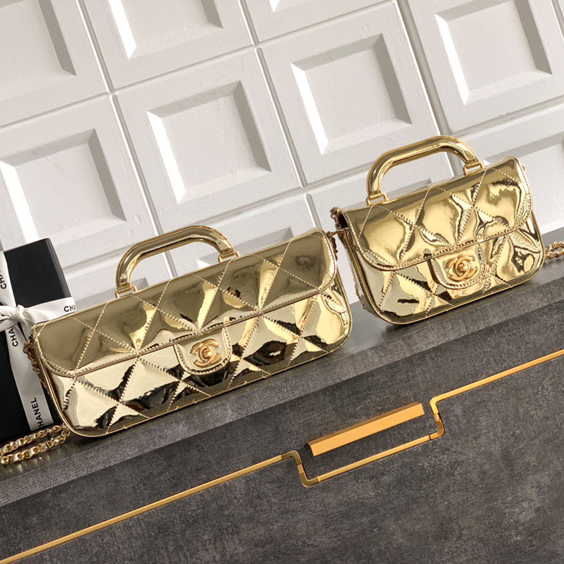 Chanel Large Flap Bag With Top Handle Women's Baguette-shaped Long Bag Refined And Elegant Crossbody Bags Metallic-colored Leather Tends To Fade Easily #81873A