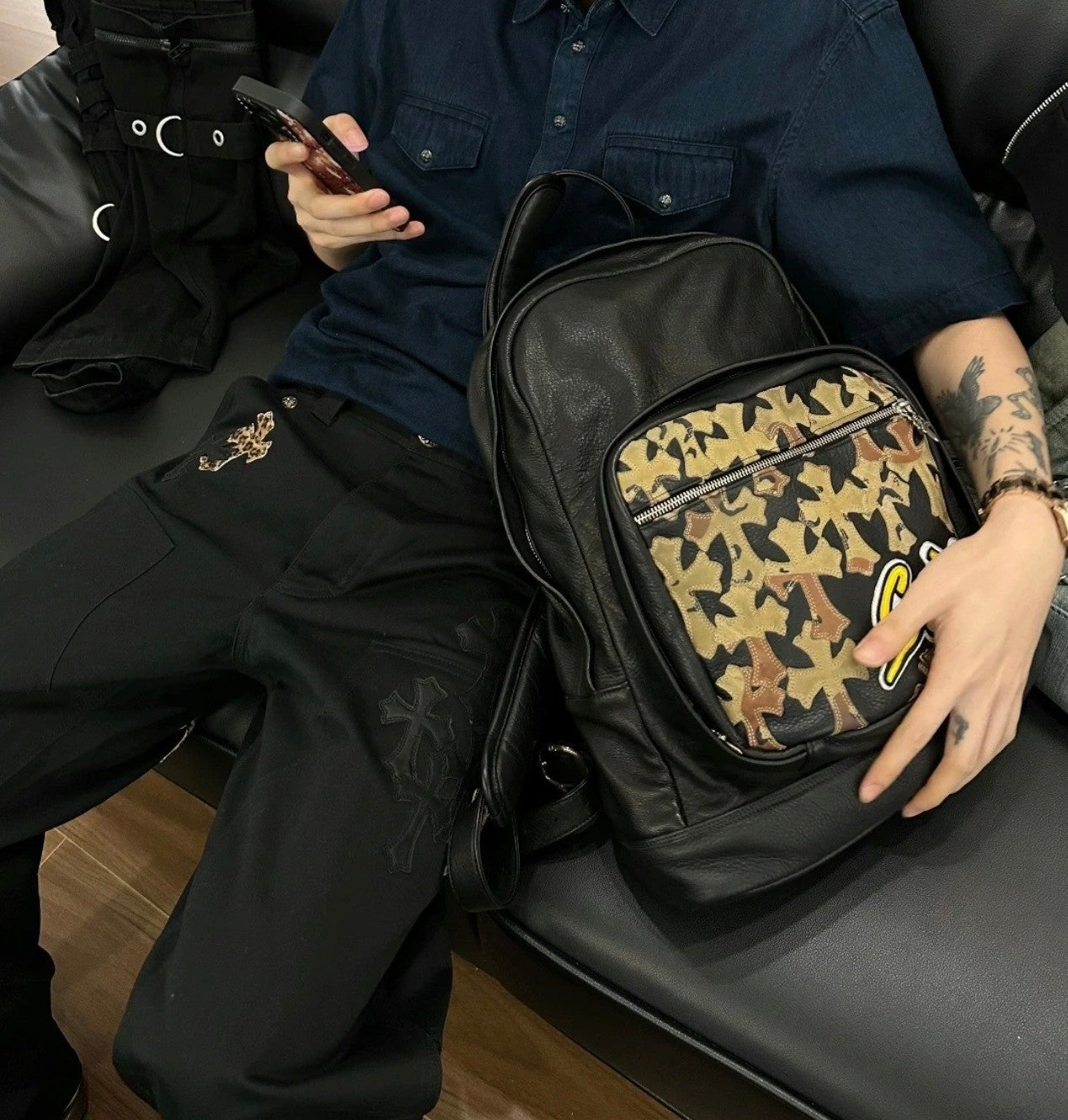 Chrome Hearts Solid Color Leather Zipper Leather Backpack Backpack #336982