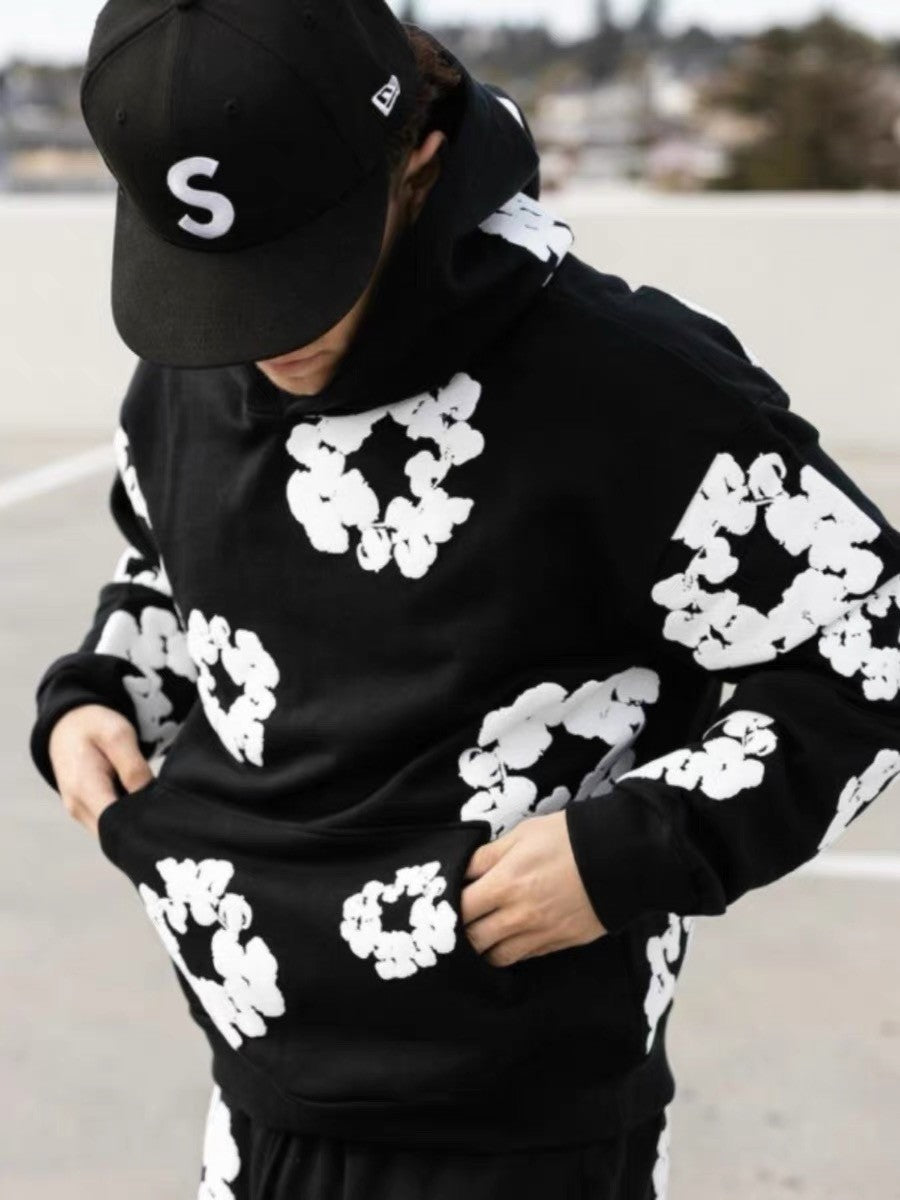 Denim Tears Men's Women's Spring & Autumn Floral Print Pocket Long Sleeve Solid Color Fit Cotton Hooded Sweatshirt Ngvp #8853