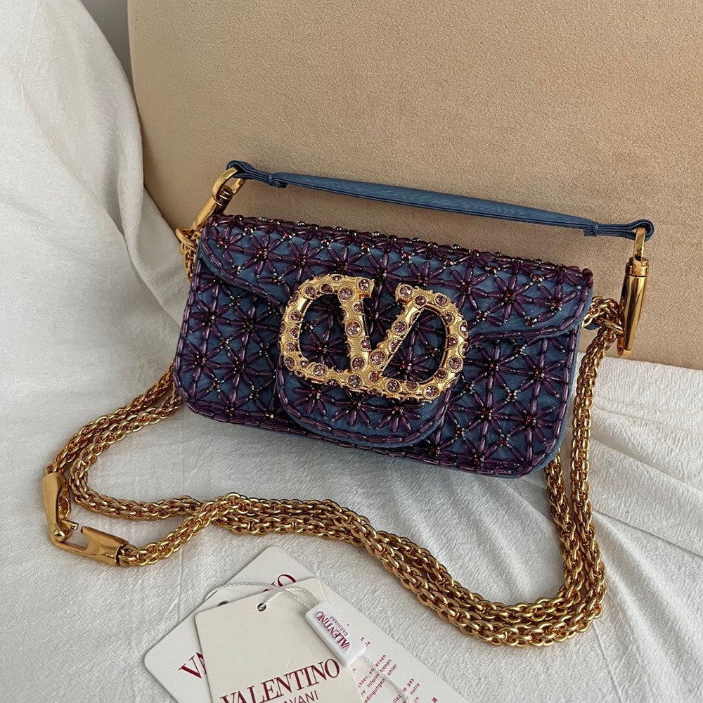 Valentino Women's Garavani Mini Loco 3d Embroidered Handbag With Swarovski Crystal Accents Vlogo Signature Magnetic Clasp Clutch With Chain Strap Bag Bags #196169