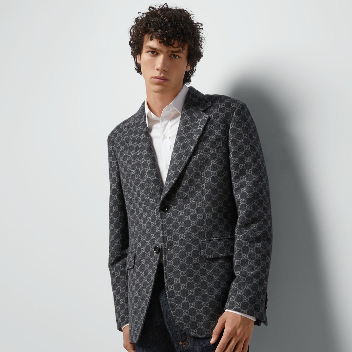 Gucci GG Flannel Men's Dark Gray Spring and Autumn Logo Full Printed Pattern Lapel Single Breasted Long Sleeve Jacket #98143