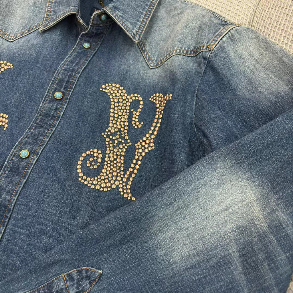 Louis Vuitton Men's Spring And Fall Cotton Logo Rivets Embellished Single-Breasted Slim Long-Sleeved Blue Denim Shirt #71621