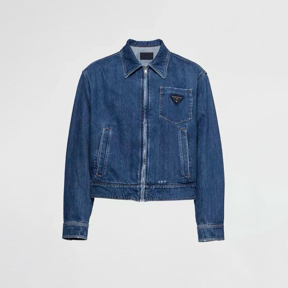 Prada Women's Spring/Fall Fashion Casual Zipper Collar Logo Triangle Emblem Denim Jacket #78971