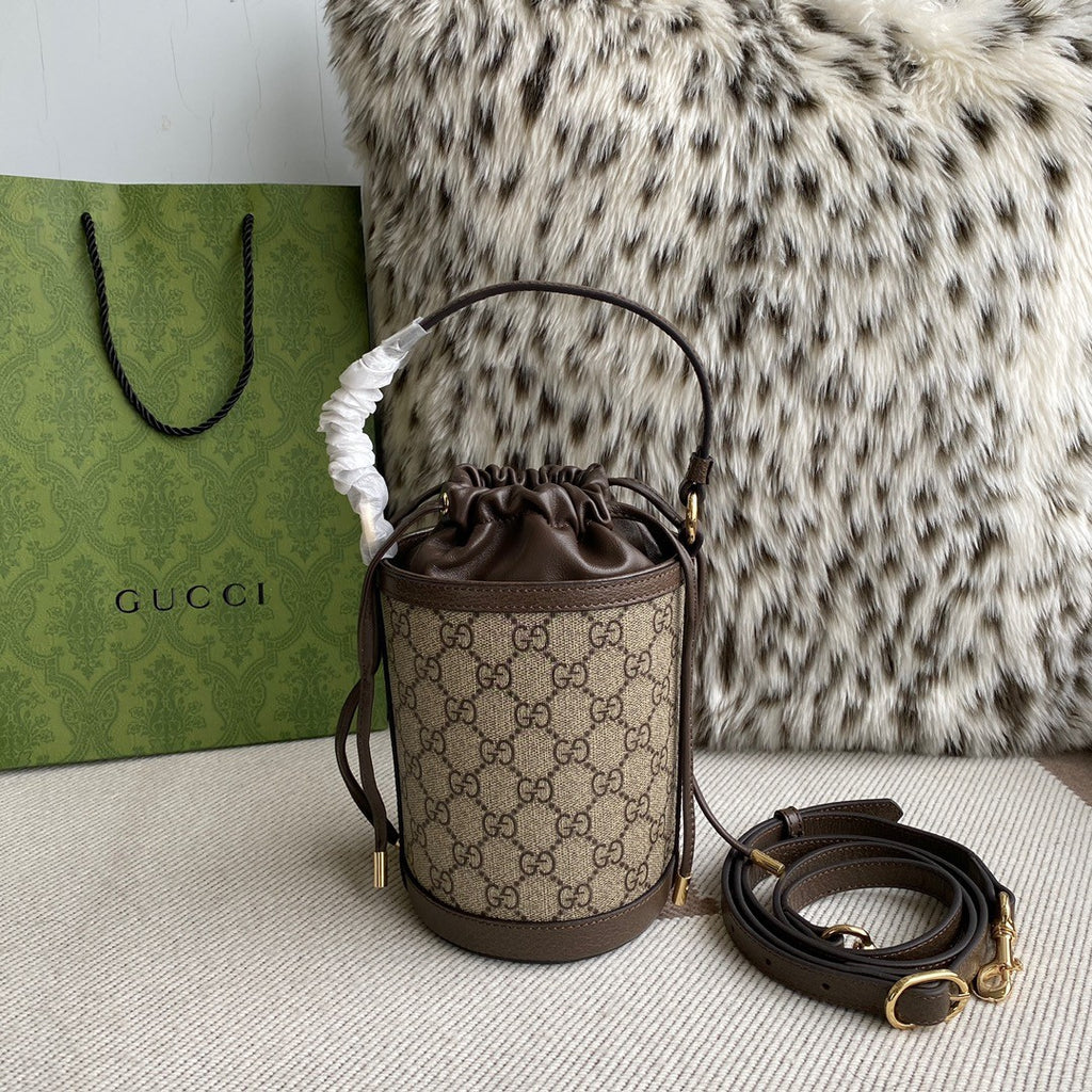 Gucci Ophidia Women's Brown Adjustable Shoulder Strap Drawstring Closure Canvas Spell Leather Bucket Bag Single Shoulder Crossbody Handbag Bags #75549