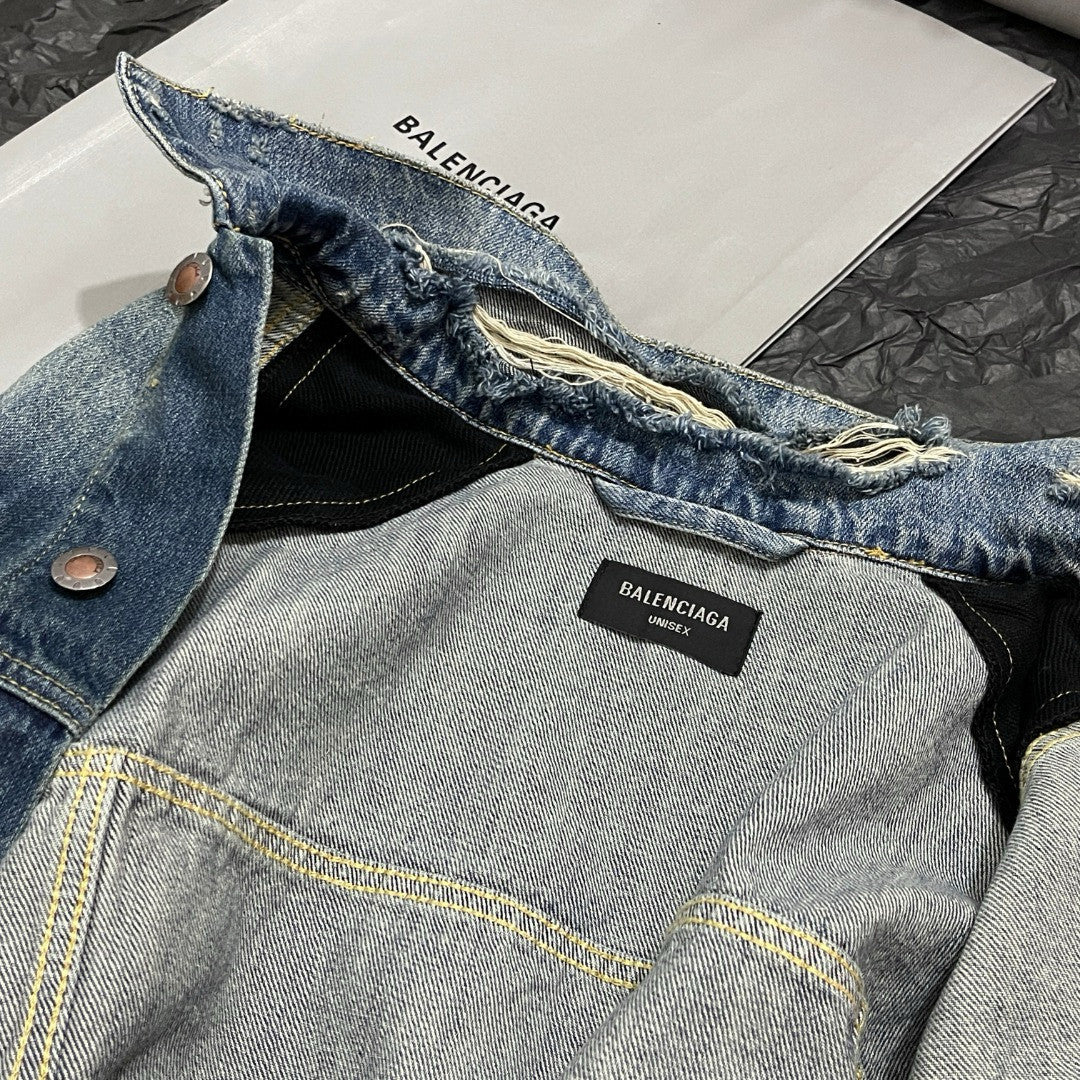 Balenciaga CUT-UP Men's Spring/autumn Fashion Casual Striped Single Breasted Pocket Striped Long Sleeved Collared Loose Fitting Denim Jacket #78365