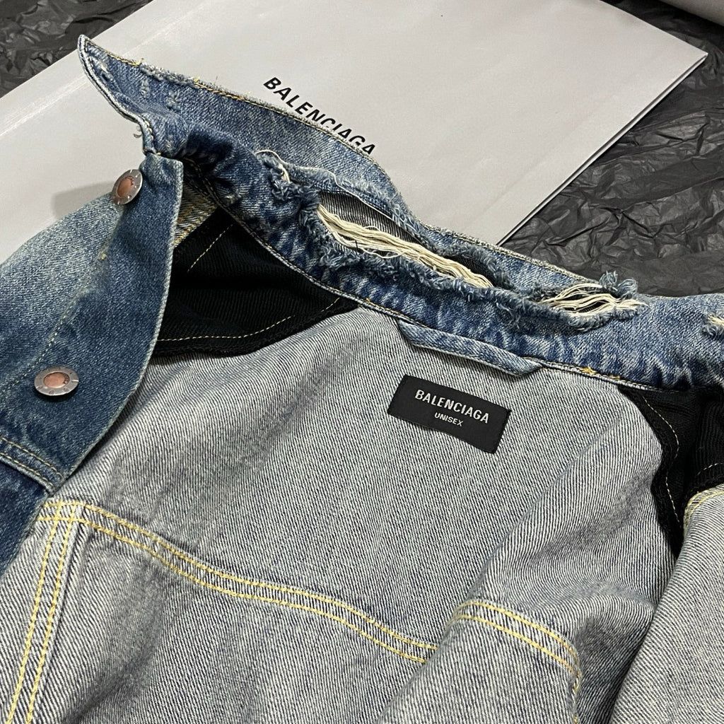 Balenciaga CUT- UP Men's Spring/fall Fashion Casual Washed Vintage Knit Fabric Lapel Single Breasted Denim Jacket With Zipper Or Button Closure Pair With Relaxed Fit Slouchy Jeans Suit Set #79511