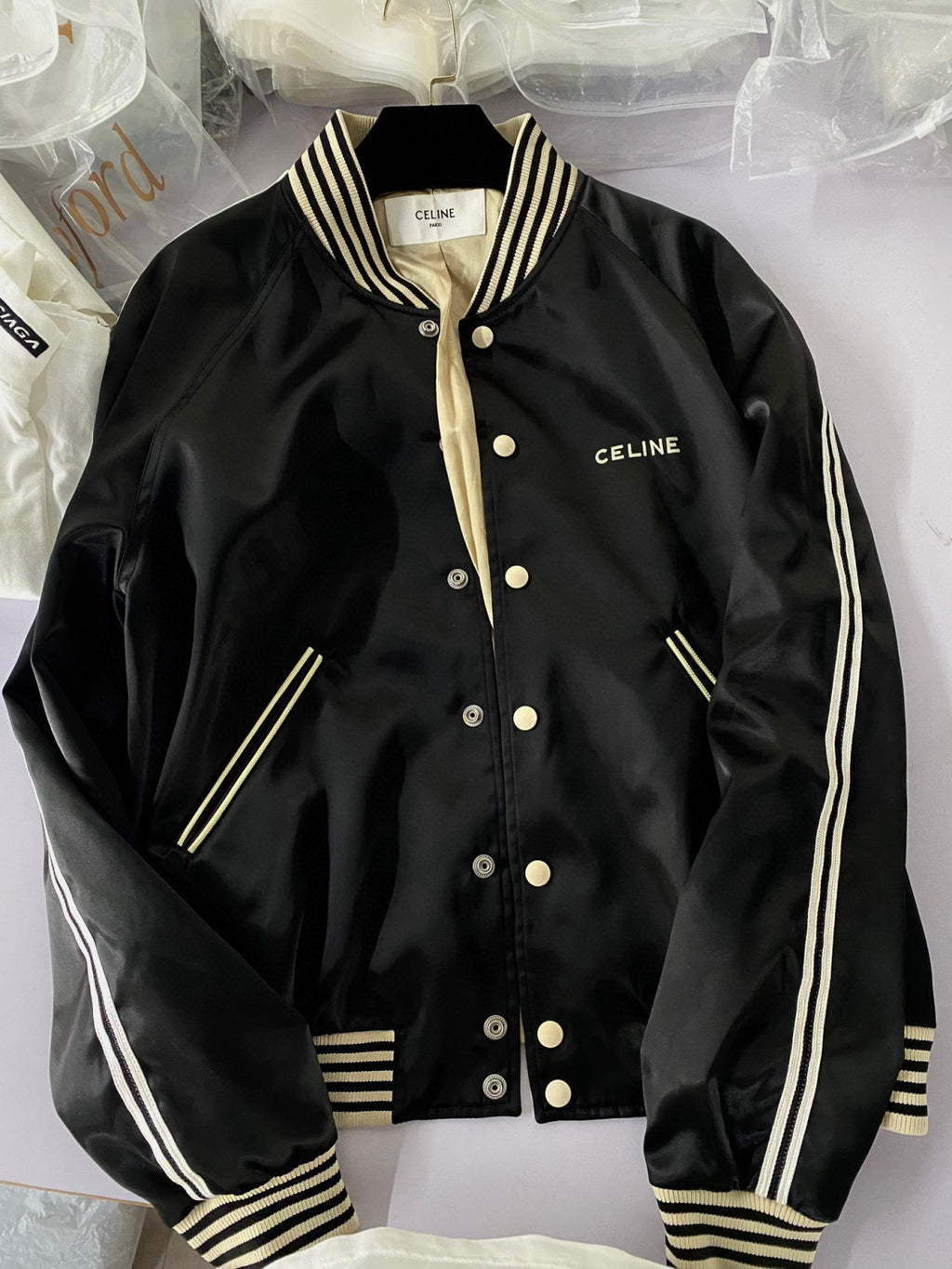 Celine Embroidered Teddy Jacket In Satin-Finish Nylon Logo Baseball Jacket #96291