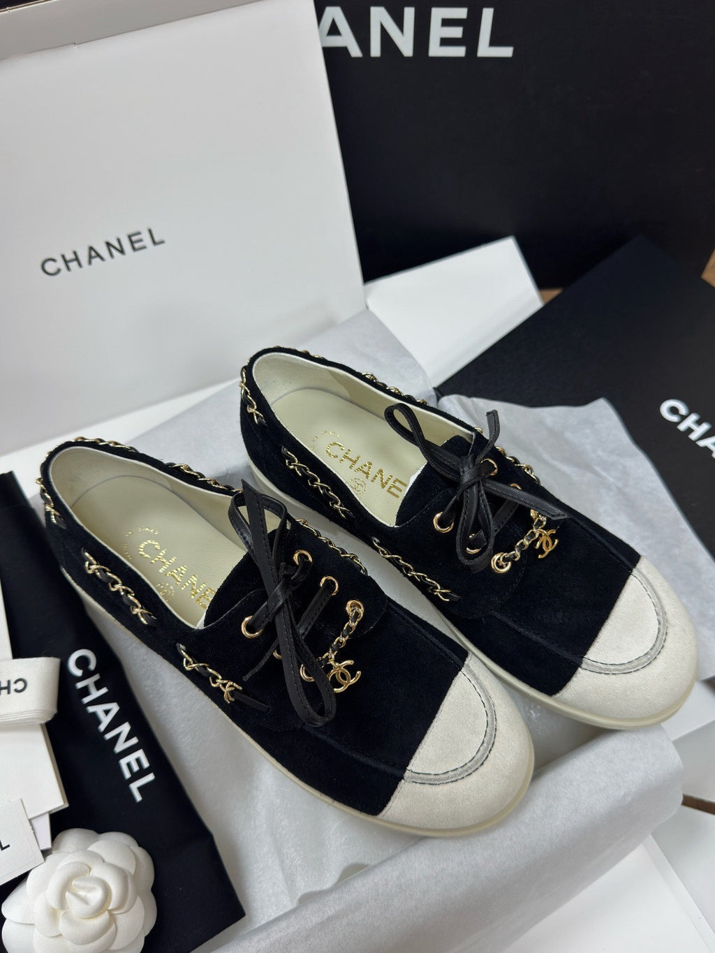 Chanel Moccasins Suede Calfskin Black Light Gray #336618