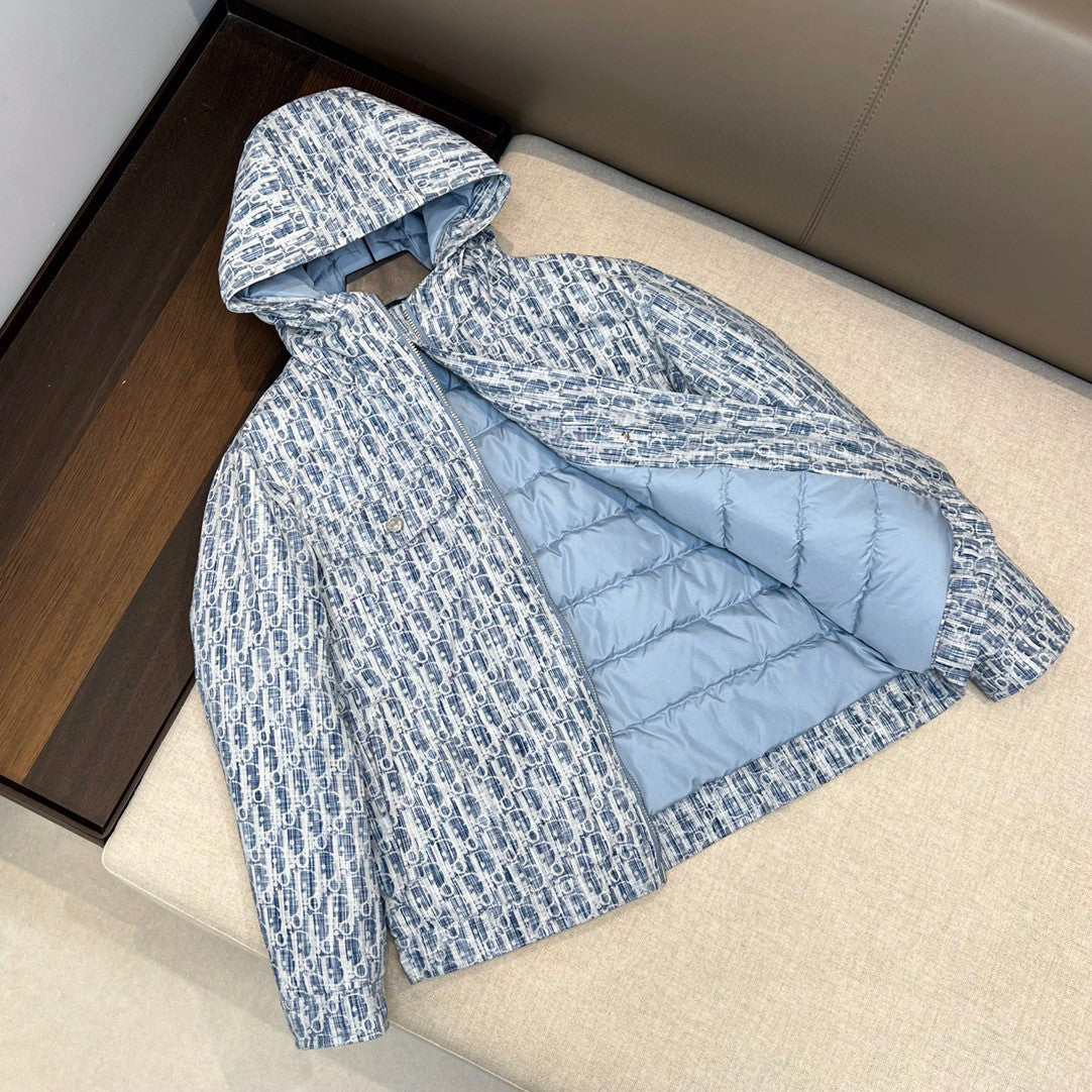 Dior Logo Jacquard Denim Hooded Puffer Down Jacket #96741