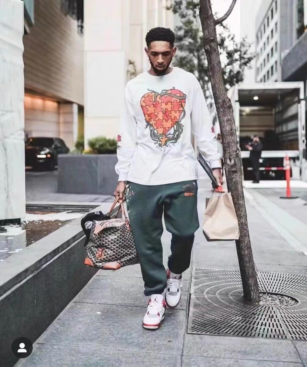 Gallery Dept. Men's Spring And Autumn Graffiti Letters Printing Solid Color Do Old Hooded Sweatshirt Casual Ink Splash Elastic Waist Drawstring Pants Ngvp #9291