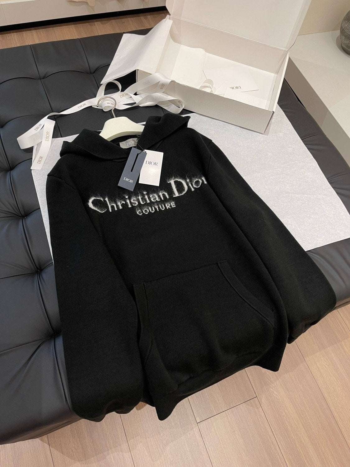 Dior Men's Spring and Autumn Black Logo Letter Print Tassel Design Hooded Long Sleeve Sweatshirt #73654