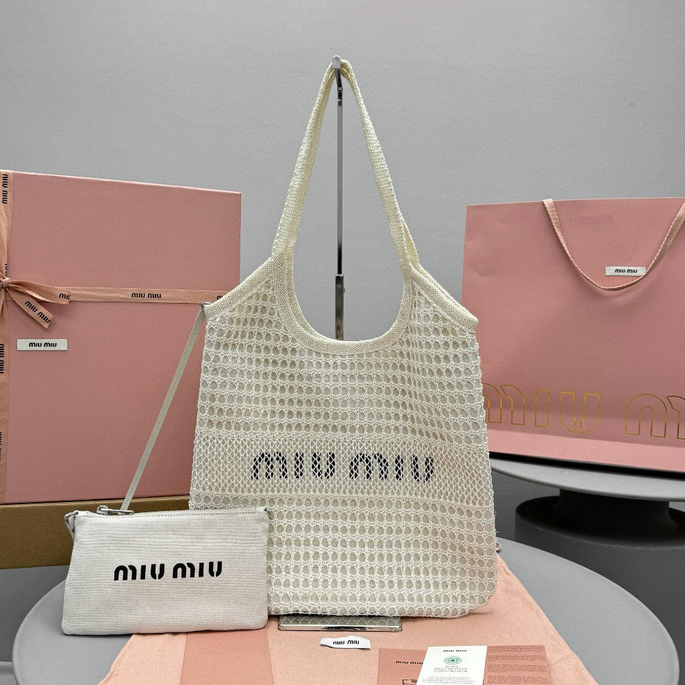 MiuMiu IVY Raffia Women's Solid Color Linen Woven Mesh Letter Print Shopping Bag Shoulder Bags #77355