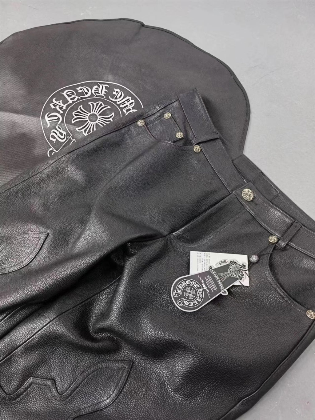 Chrome Hearts Mens Black Leather Slim Fit Trousers Pants #96922