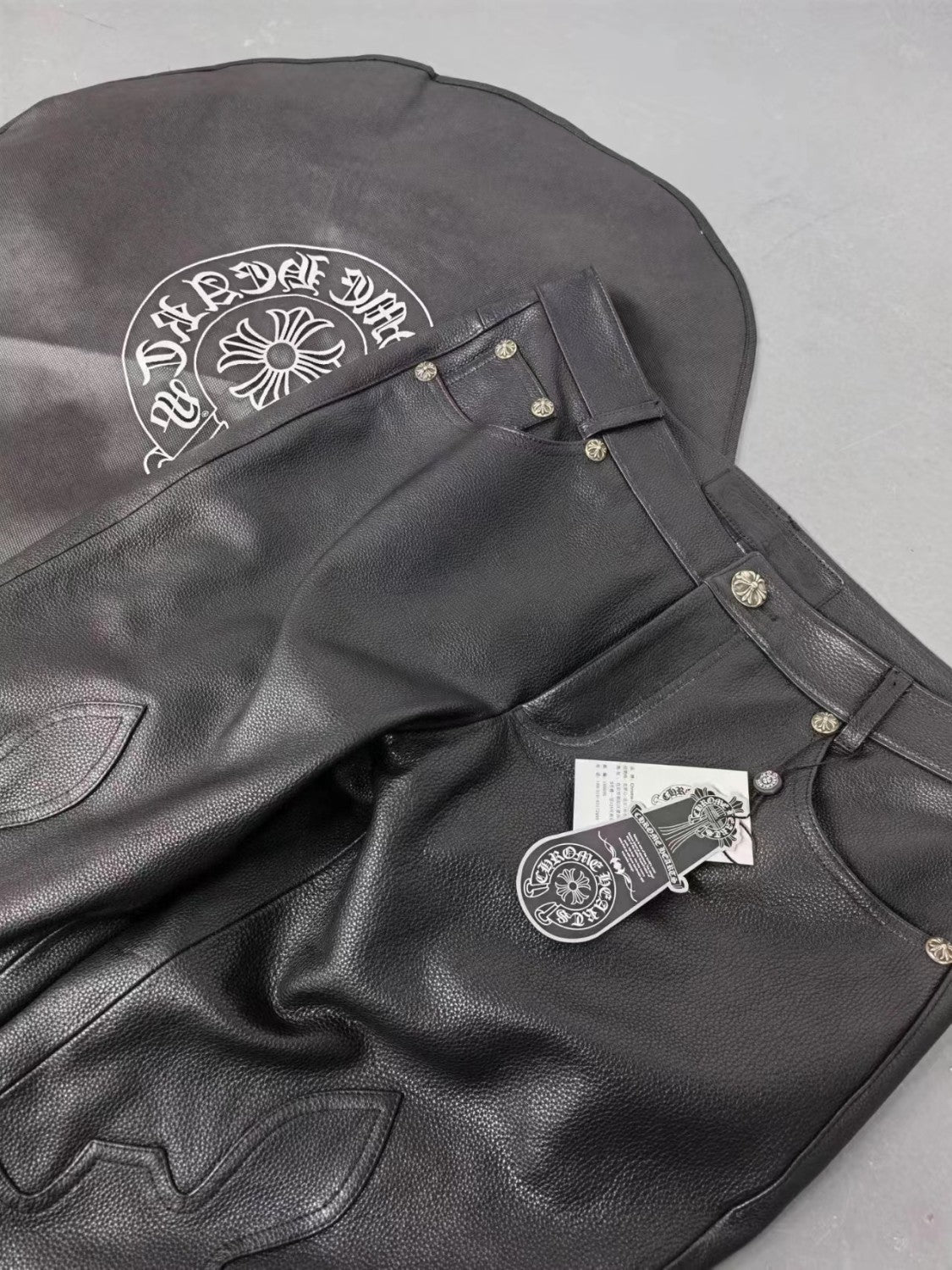 Chrome Hearts Mens Black Leather Slim Fit Trousers Pants #96922