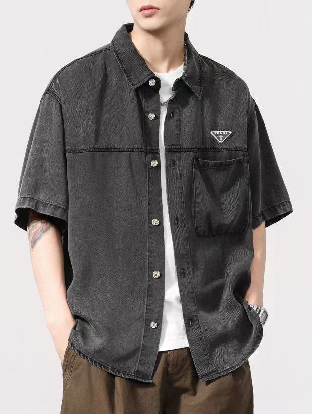 Prada Men's Early Autumn Men's Women's Lycra Denim Shirt. Triangle Logo Vintage Gray Short Sleeve Lapel Shirt Polo T-shirt  #81617