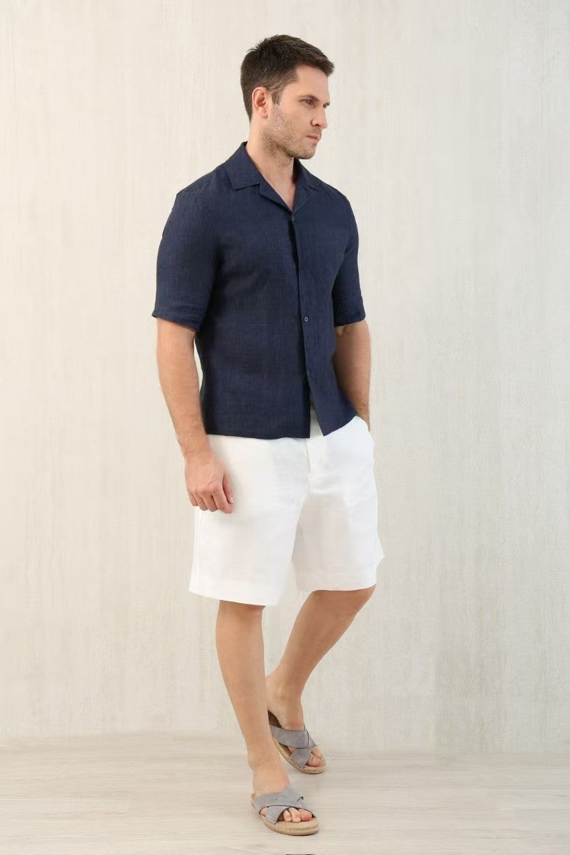 Brunello Cucinelli Men's Linen Loose Summer Single-Breasted Solid Color Lapel Short Sleeve Shirt Ngvp #1454