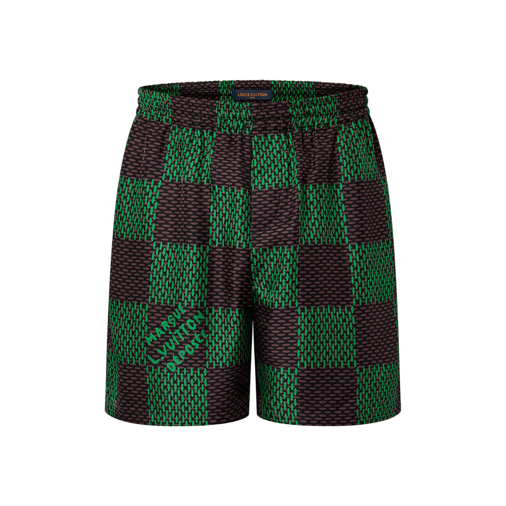 Louis Vuitton Men's Summer Green Checkerboard Logo Pattern Single Breasted Loose Short Sleeved Shirt High Waisted Elastic Leisure Shorts Pants Sei Suit #98616