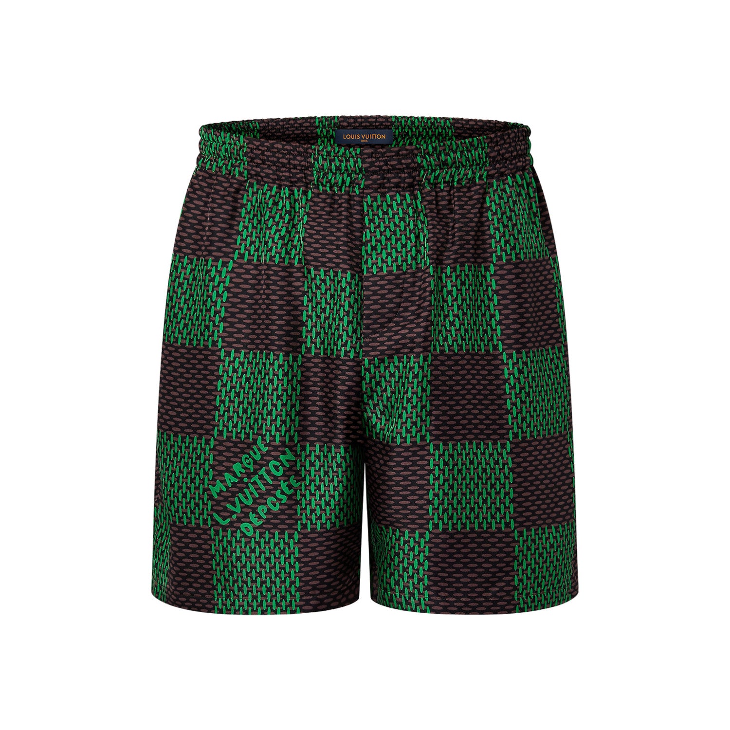 Louis Vuitton Men's Summer Green Checkerboard Logo Pattern Single Breasted Loose Short Sleeved Shirt High Waisted Elastic Leisure Shorts Pants Sei Suit #98616
