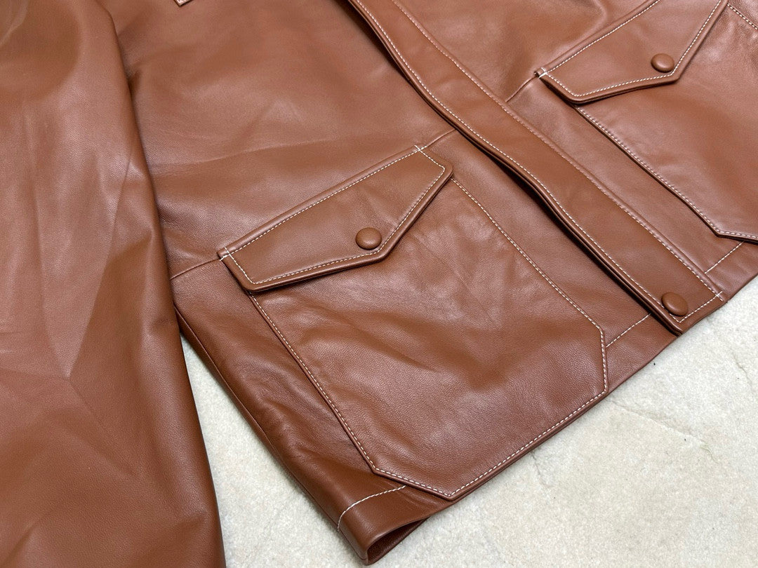 Fendi Men's Autumn and Winter Brown Lapel Zipper Loose Long Sleeve Leather Jacket #98884