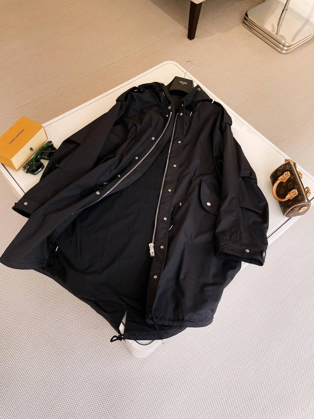 Celine Men's Spring and Autumn Black Hooded Pocket Zipper Parker Windbreaker Jacket #73178