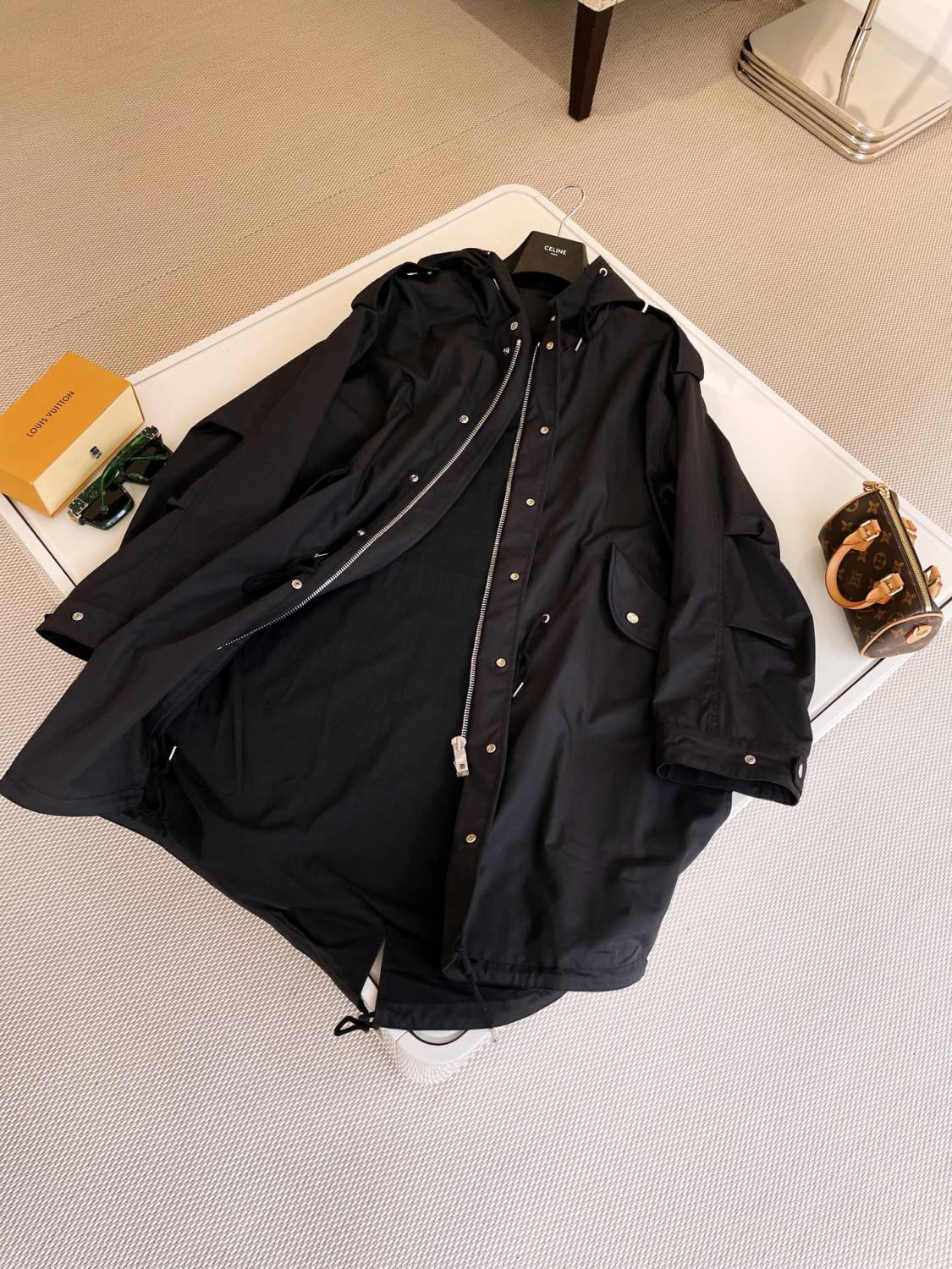 Celine Men's Spring and Autumn Black Hooded Pocket Zipper Parker Windbreaker Jacket #73178