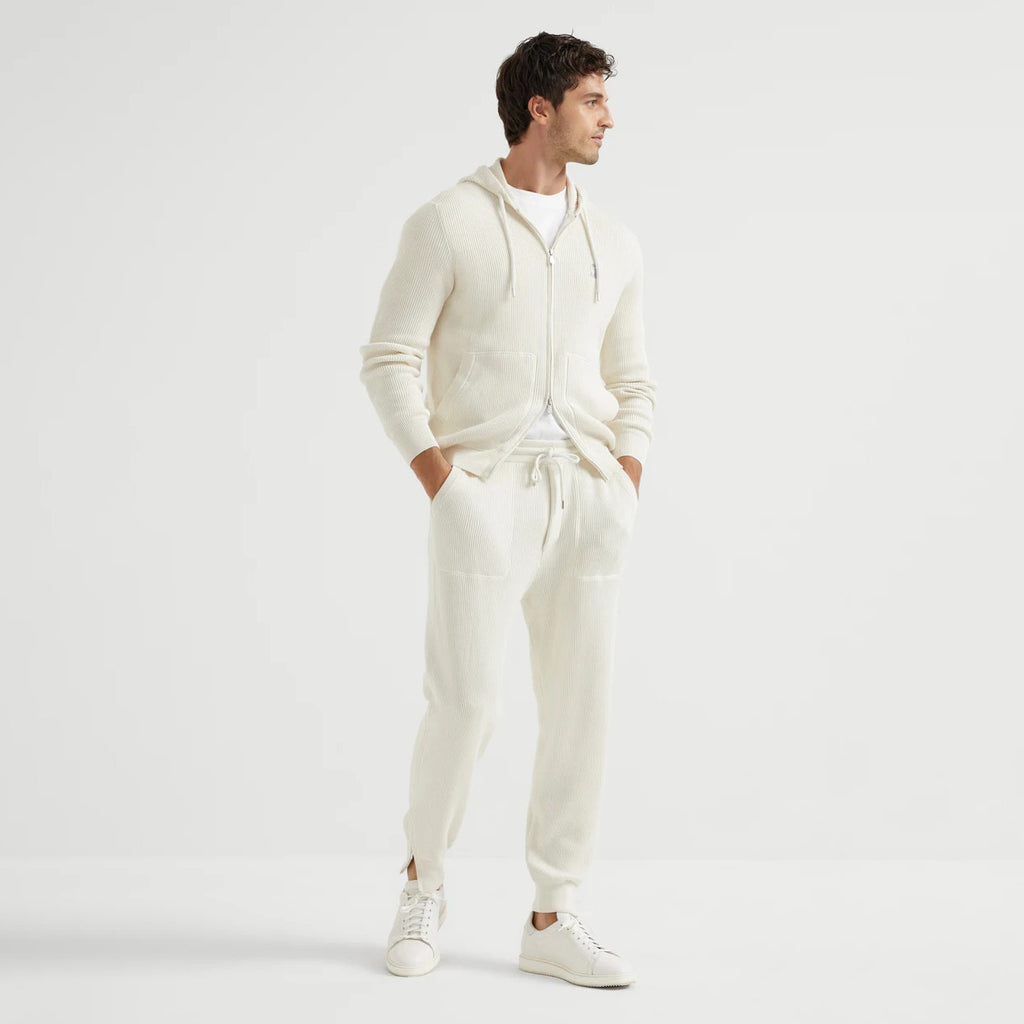 Brunello Cucinelli Men's Spring/autumn Fashion Casual Solid Color Logo Zipper Hoodie Ribbed Cotton Knit Pants Zipper Cuffs Suit Set #78353