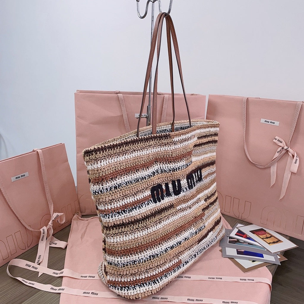 MiuMiu Women's Multicolour Embroidery Logo Crochet Shopping Bag Shoulder Handbag Tote Bags #76741
