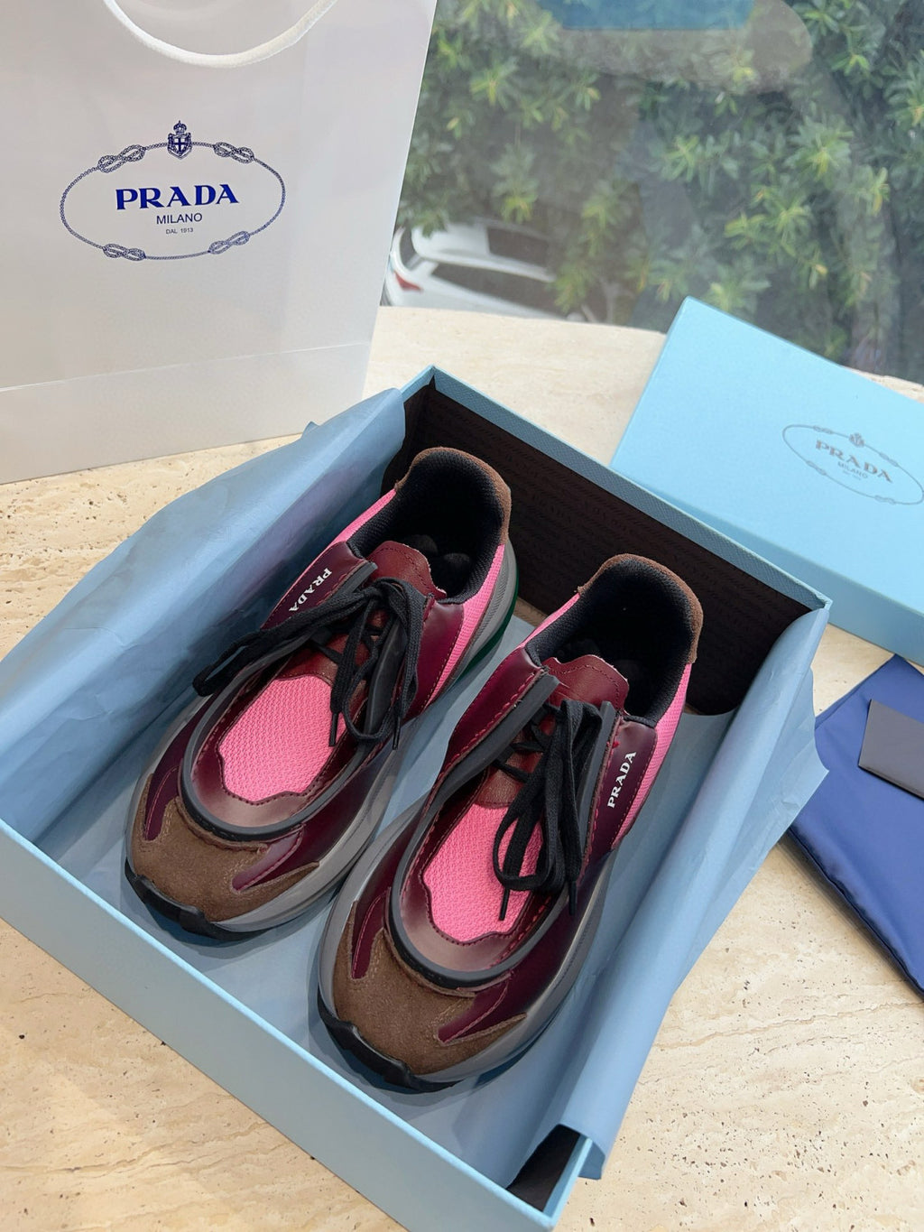 Prada Men's And Women's Two-tone Fabric And Leather Round-toe Fashionable Low-top Lace-up Sneakers Shoes #77222