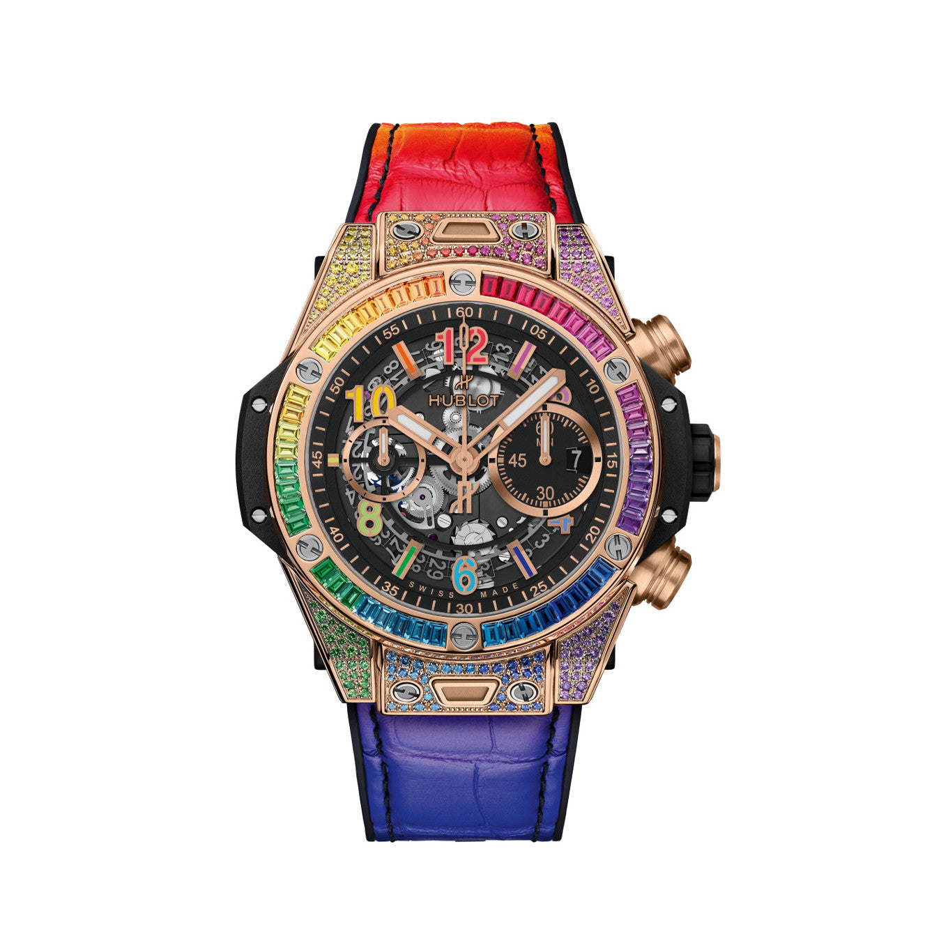 Hublot Men's Automatic Mechanical Movement Date Display Chronograph Skeleton with Colorful Diamonds Watch #76264