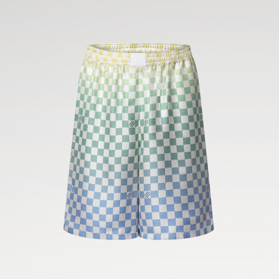 Louis Vuitton Men's Spring/Summer Damier Gradient Printed Mulberry Silk Short Sleeve Polo Shirt Casual Elastic Waist Shorts #81171