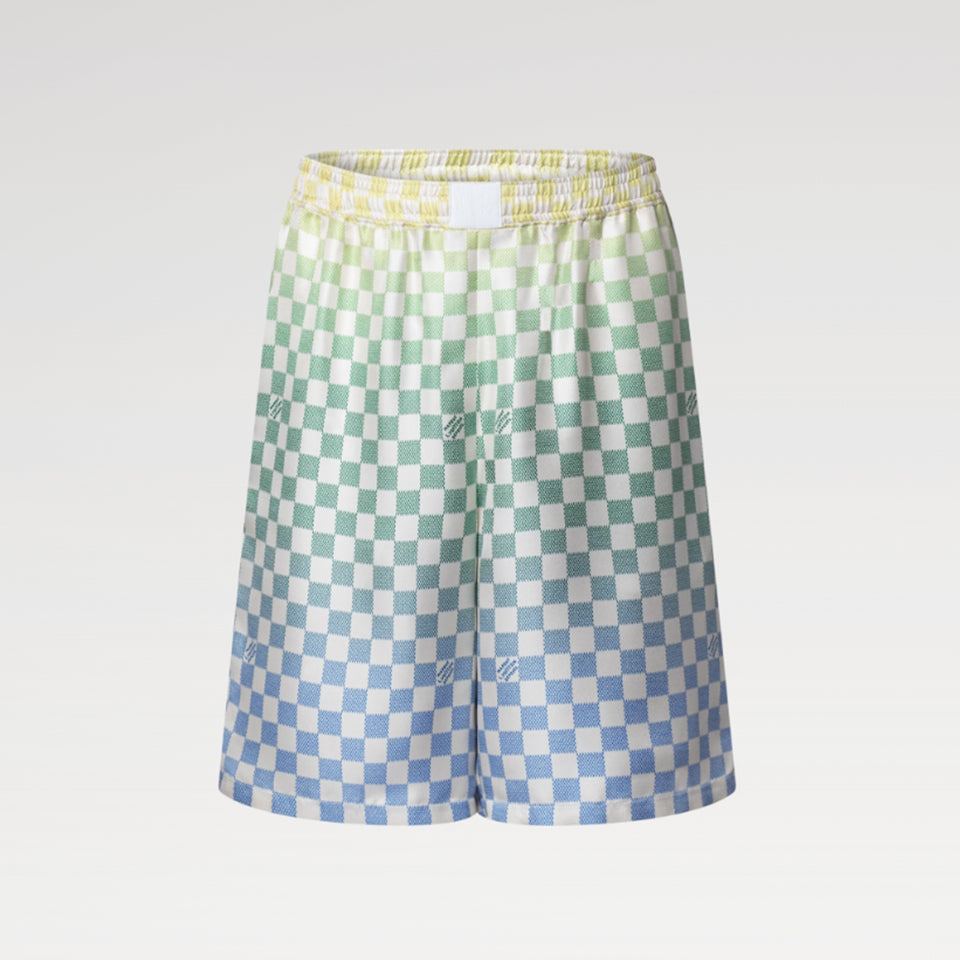 Louis Vuitton Men's Spring/Summer Damier Gradient Printed Mulberry Silk Short Sleeve Polo Shirt Casual Elastic Waist Shorts #81171