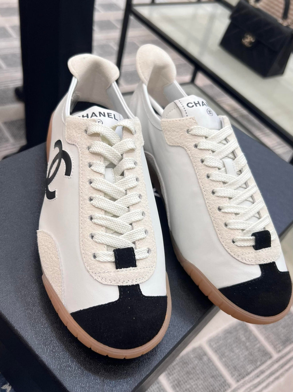 Chanel Sneakers Calfskin Embossed Suede Calfskin White Black #375474