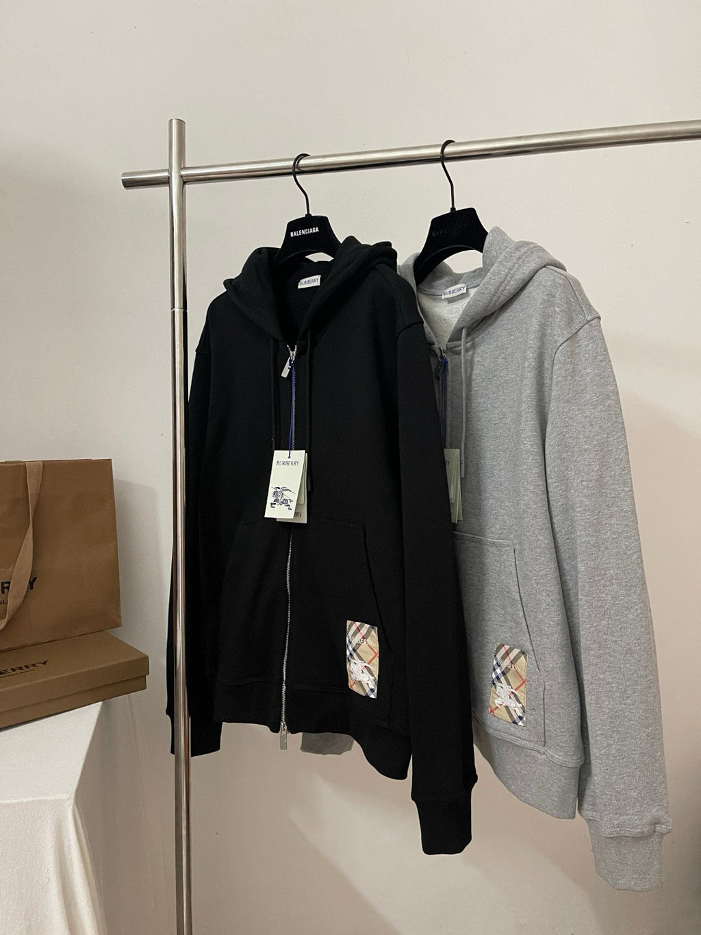 Burberry Men's Spring and Autumn Plaid Label Cotton Zipper Hooded Long Sleeve Sweatshirt Jacket Casual Elastic Waist Pants Set Suit #75593