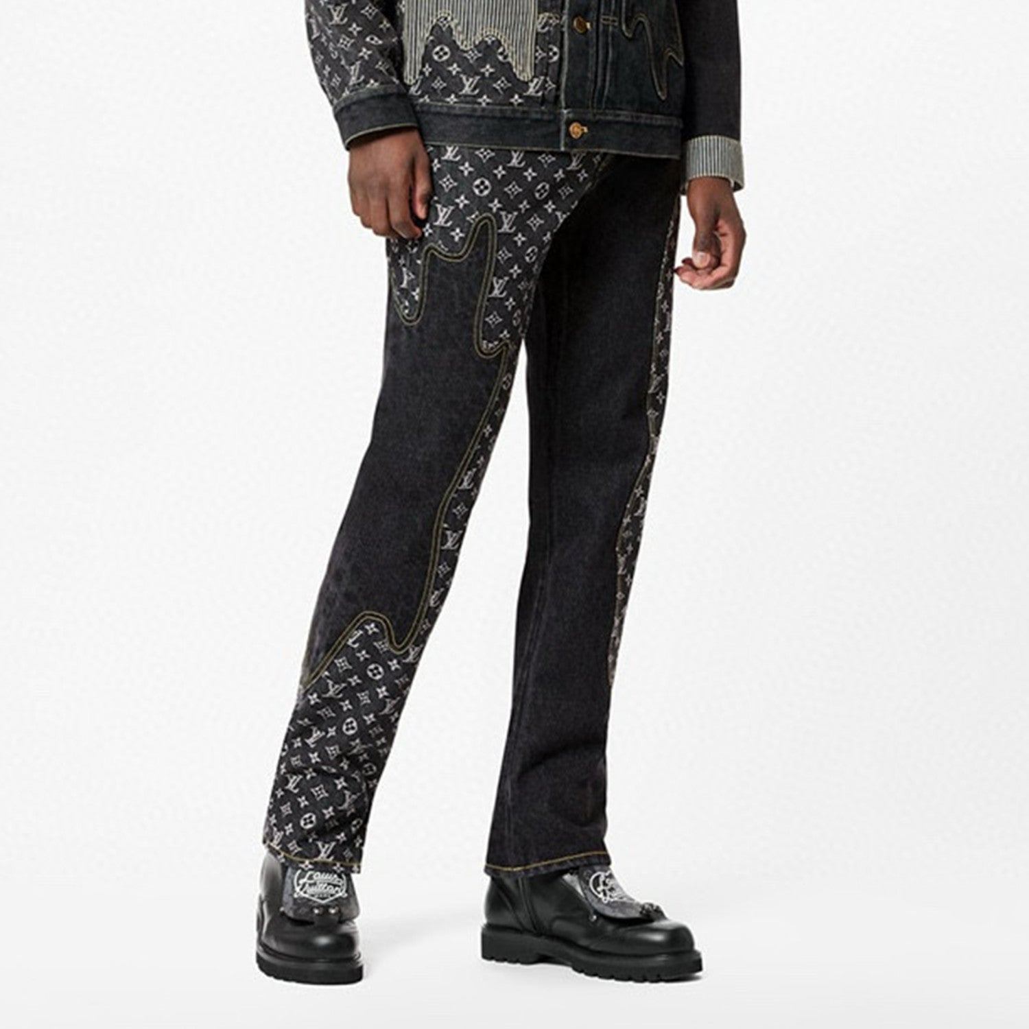 Louis Vuitton X 2 Collaboration Men's Spring And Summer Structural Splicing Monogram Flower Denim Pants Fashionable Casual Wide Leg Pants #71849