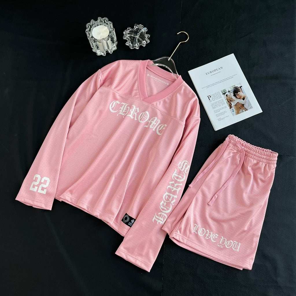 Chrome Hearts Men's Summer and Winter Pink Long Sleeve T-Shirt Shorts Set Suit #72589