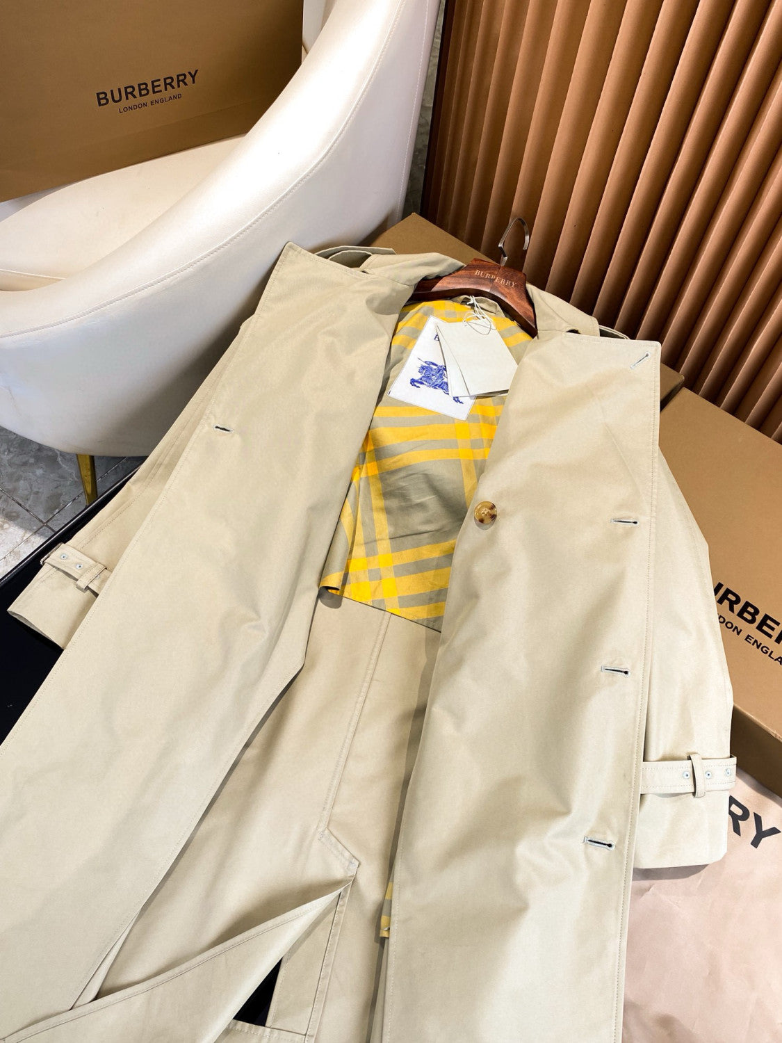 Burberry Men's Spring And Fall Solid Color Double Breasted Tie Waist Long Windbreaker Coat Jacket #98782
