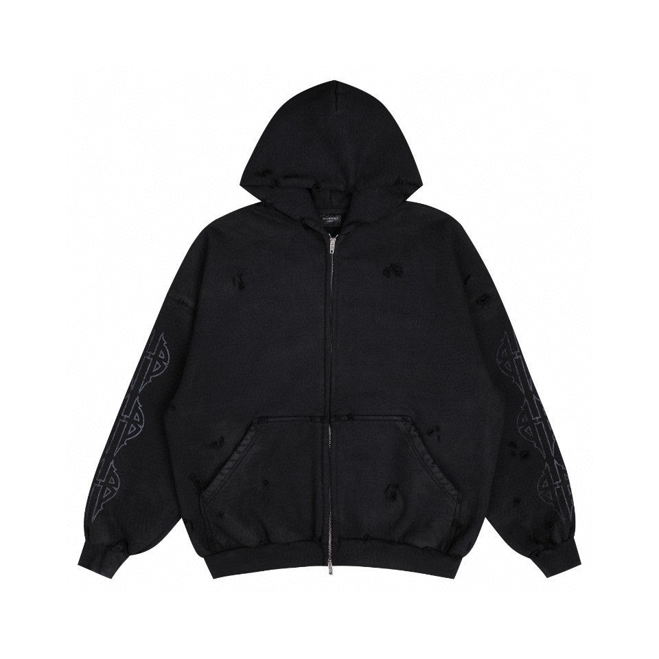 Balenciaga Men's Logo Letter Printed Torn Zipper Sweatshirt Loose Fit High Street Trend Dark Style Hooded Sweatshirt #71787