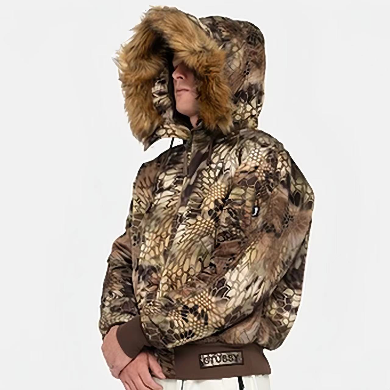 Stussy Men's And Women's Fall And Winter Fashion Python Print Hooded Fur Collar Short Jacket Casual Thickened Jacket Ngvp #7653