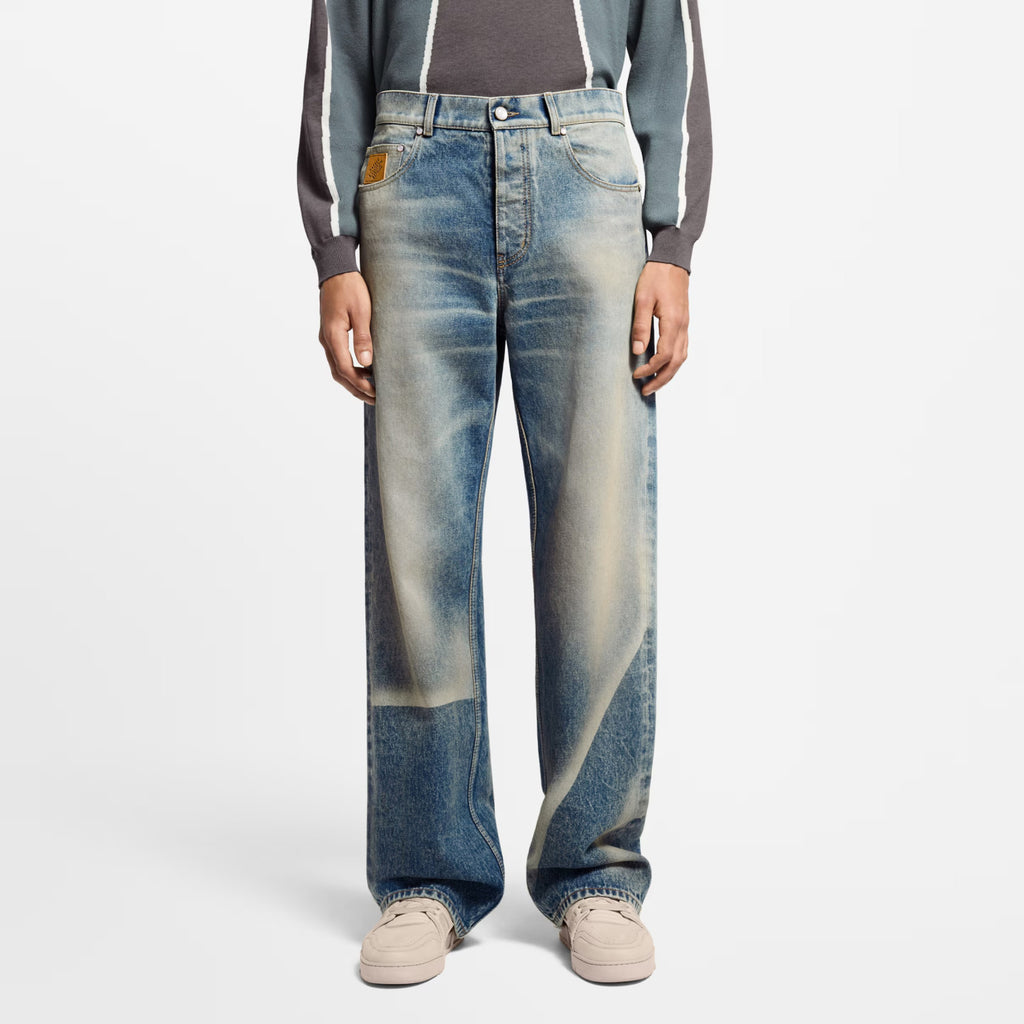 Louis Vuitton Men's Spring And Fall Blue Washed Bright Line Loose Long Jeans Pants #75247