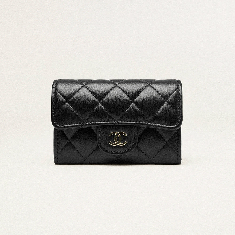 Chanel Black Classic Cf Card Holder With Flip Top Compact Wallet Black And Gold Metallic Finish Bag Bags Metallic-colored Leather Tends To Fade Easil #84161A