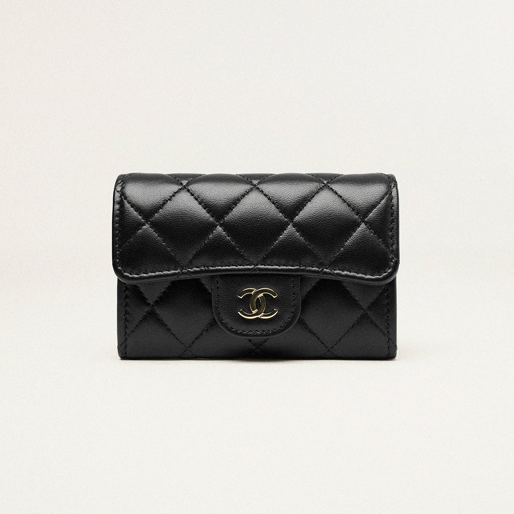 Chanel Black Classic Cf Card Holder With Flip Top Compact Wallet Black And Gold Metallic Finish Bag Bags Metallic-colored Leather Tends To Fade Easil #84161A