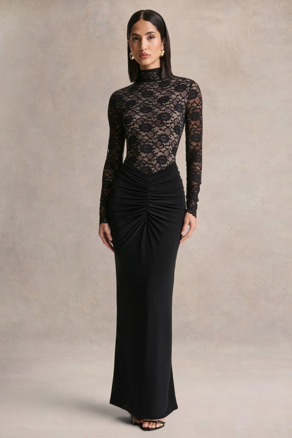 Justina | Black High-Neck Maxi Dress With Gathered-Detailing