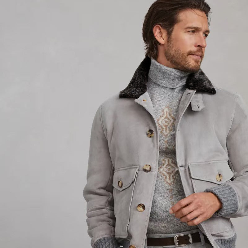 Brunello Cucinelli Men's Fall/Winter Vintage Jacket Solid Color Single-Breasted Fur Collar Suede Slim Fit Coat Ngvp #2592