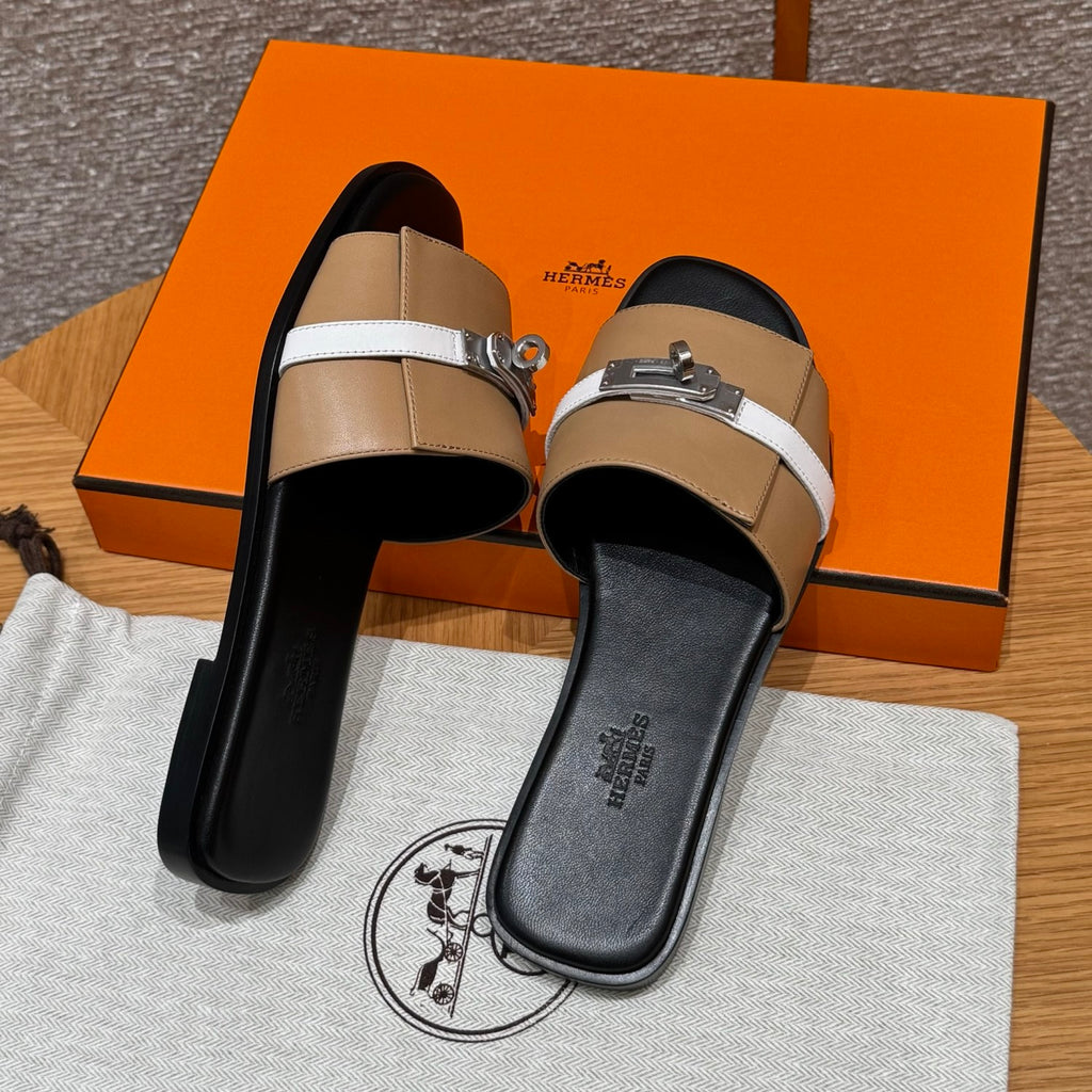 Hermes Giulia Women's Summer Metal Buckle Round Toe Leather Sandals Slippers Shoes #77657