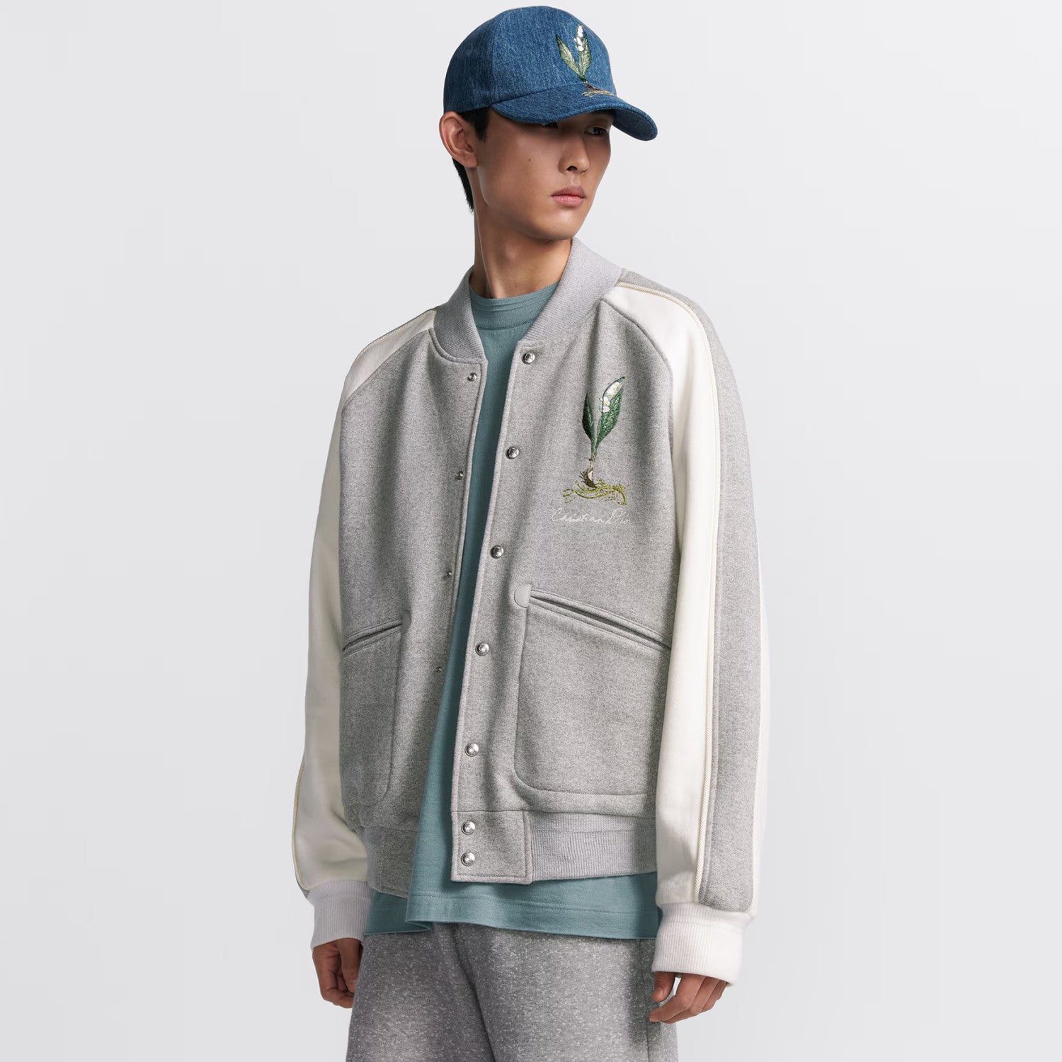 Dior Men's Fall And Winter Embroidery Pattern Single Breasted Round Neck Gray Cotton Long Sleeved Jacket #72232