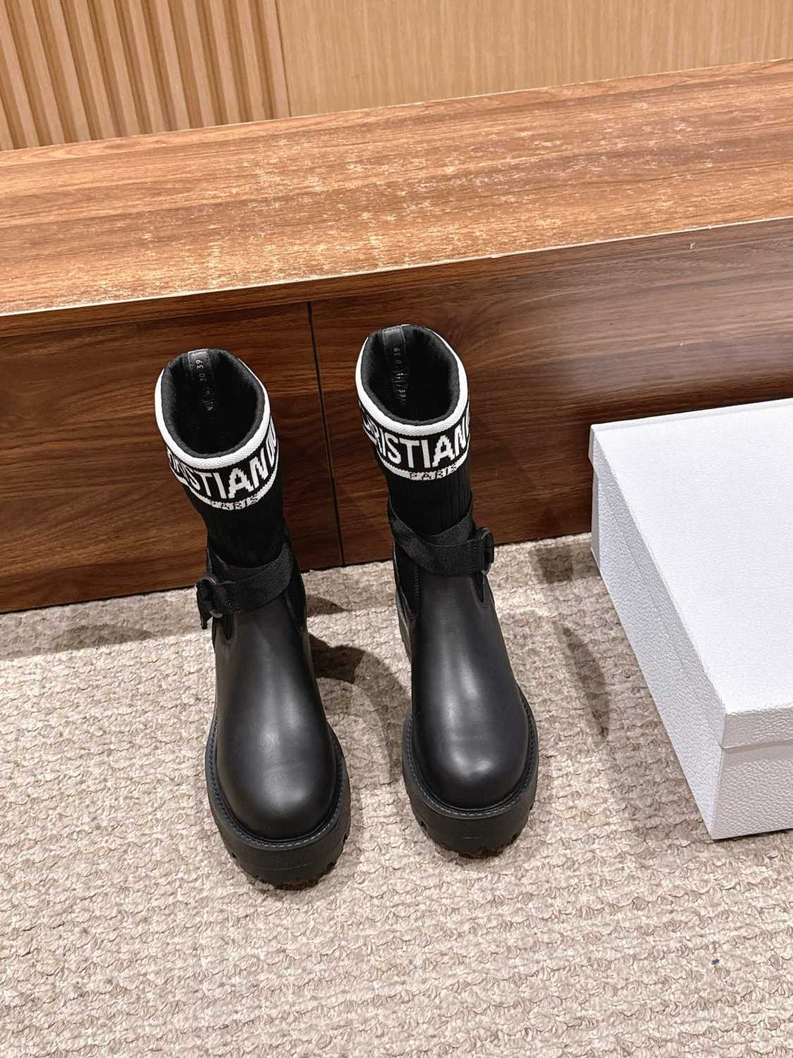Dior Women's D-Major Ankle Boots Black Calf Leather With Black And White Technical Jersey #332813