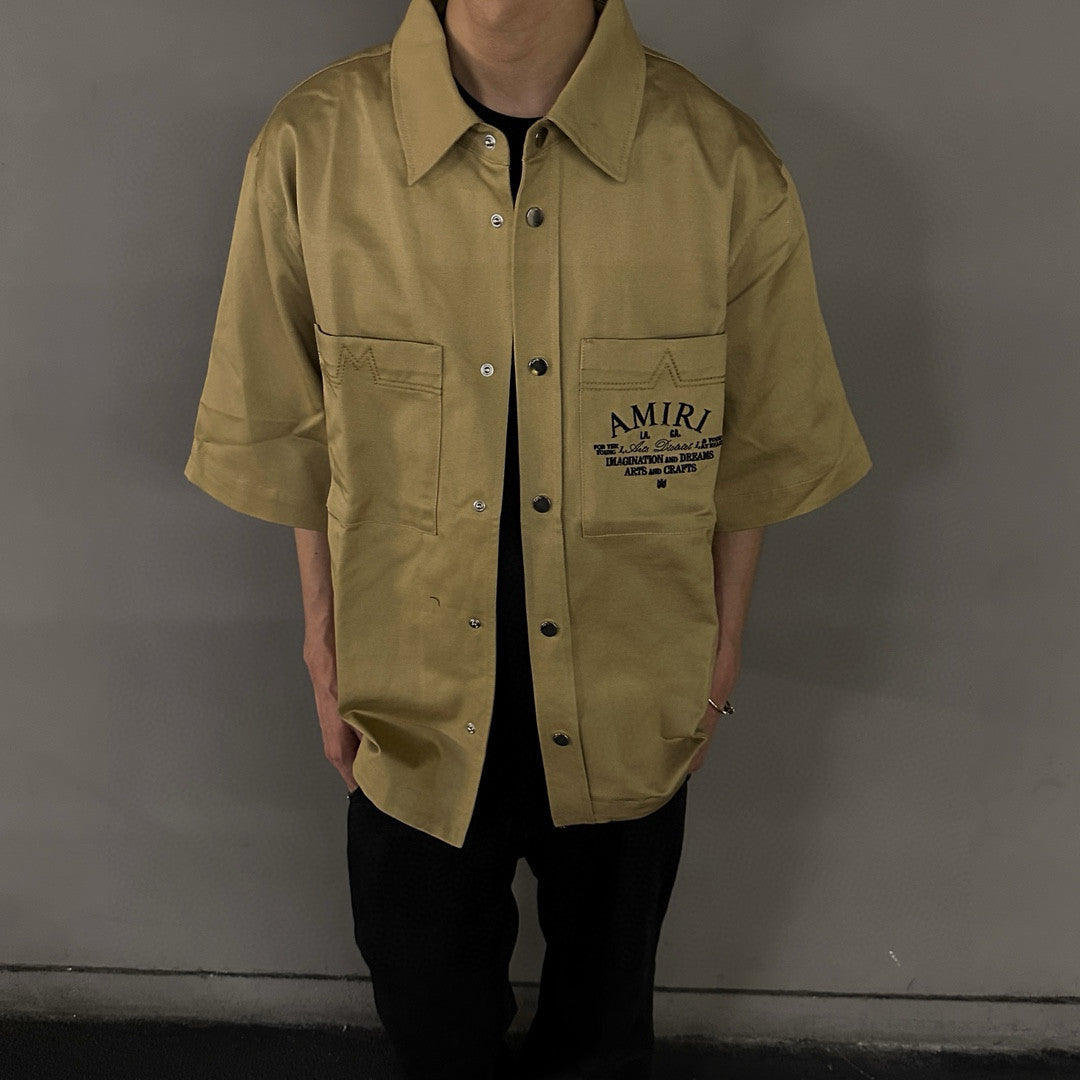 Amiri Men's Arts District Camp Solid Color Logo Embroidered Lapel Single Breasted Short Sleeve Shirt #76214