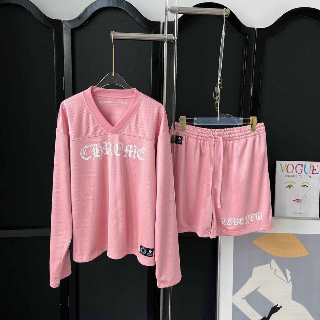 Chrome Hearts Men's Summer and Winter Pink Long Sleeve T-Shirt Shorts Set Suit #72589
