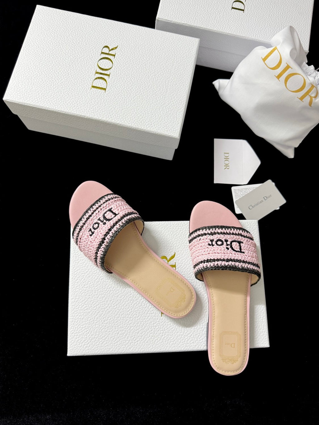 DIOR Dioriviera Dior Woven Slide Soupir Pink Crocheted Raffia-Effect Technical Fabric #387794